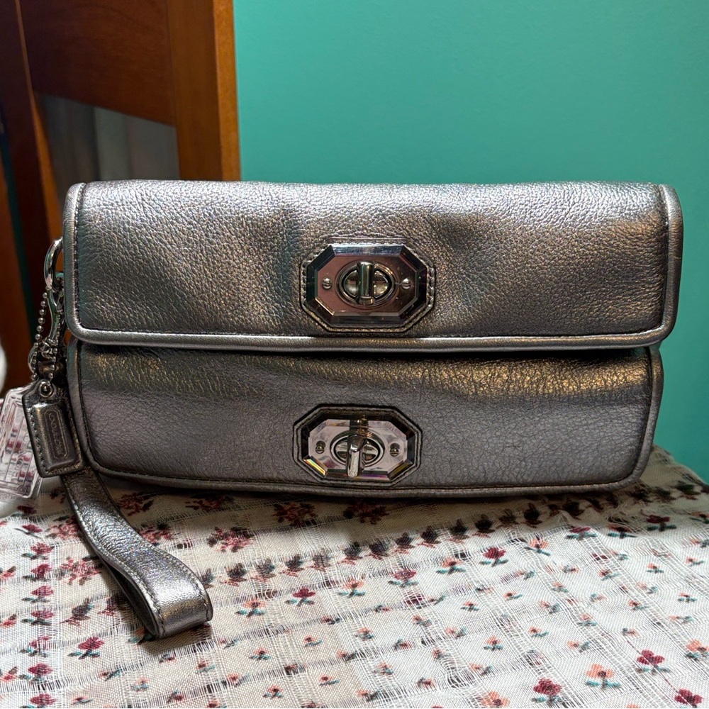 Coach Double Pocket Turn Lock Metallic Silver Wristlet Clutch